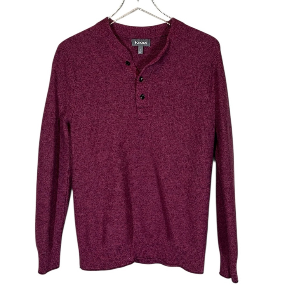 BONOBOS Men's Large Slim Fit Extra Fine Merino Wool Henley Sweater Burgundy